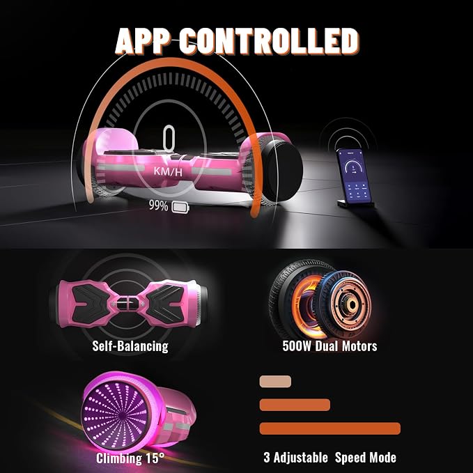 SIMATE Scooter, Colorful LED Light-Up Wheels, Bluetooth Speakers and APP, Dual 250W Motors, 8.5 mph Max Speed & 8.5 Miles Max Range, Gifts for Kids Adults Girls Boys