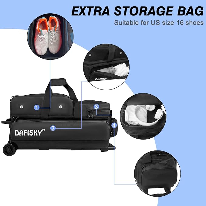 DAFISKY 3 Ball Bowling Bags with Wheels, Roller Bowling Bag with Multiple Pockets Retractable Handle Extends to 38‘’