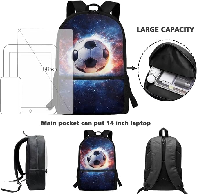 Soccer Backpack for Boys School Bag with Lunch Box Pencil Case Water Bottle Holder Set of 4 School Daypack Travel Bag Satchel Bagpack Back to School Supplies