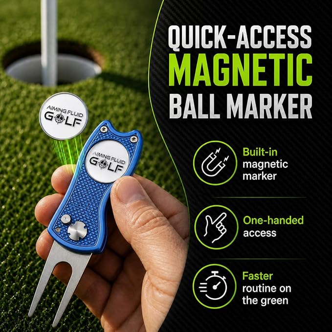 Golf Divot Repair Tool — 5-in-1 Golfing Ball Marker, Pitch Mark Repair, Putting Alignment, Club Tee, and Groove Cleaner, Accessory Metal Switchblade Design - Ideal Gift for Golfers