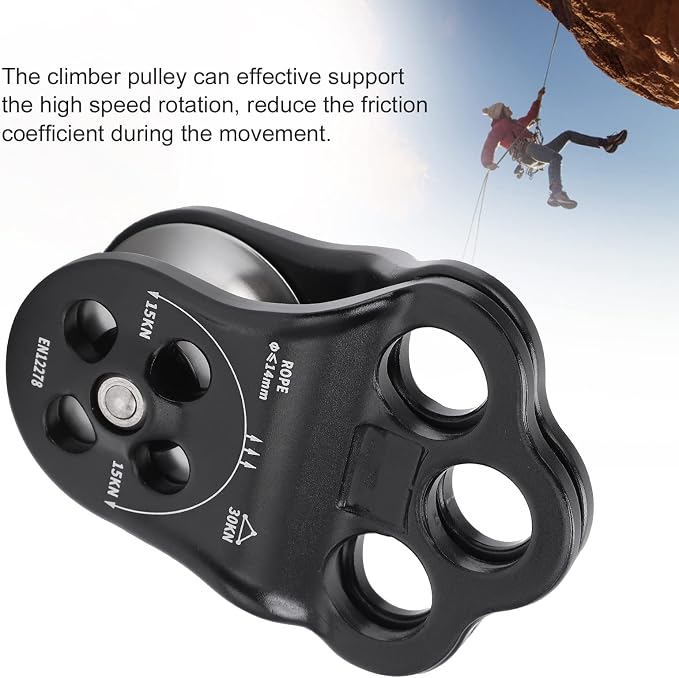 30KN Dual Bearing Hitch Climber Pulley, for Arborist Tree Climbing with 3 Holes Side Plate