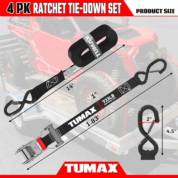 4Pcs Ratchet Tie Down Straps for 2200lb Break Strength, 1” x 15FT Tie Down Straps with Soft Loop & Safety S Hook - Cargo Strap Tie Down for Trucks, Motorcycle, Moving, Appliances, Black