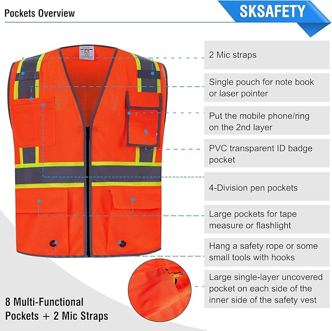 SKSAFETY 10/12 Pockets Safety Vest - Class 2 High Visibility Security with Zipper Double-sided mesh, Hi Vis Vest with Reflective Strips, ANSI/ISEA Standard, Construction Work Vest （Orange）