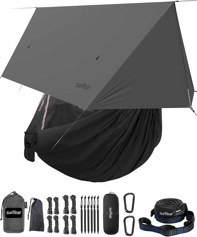 Sunyear Camping Hammock with Net and Hammock Tent Rain Fly Bundle - Perfect for Hiking, Backpacking, Outdoor Sleeping and Camping Survival
