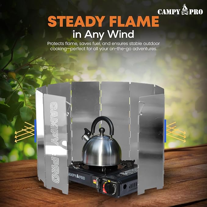Silver Camping Stove Windscreen, 12-Plates Premium Aluminum Wind Guard Shield, Foldable Portable Design with Storage Box, Heavy-Duty, Butane Burner Windshield for Outdoor Cooking