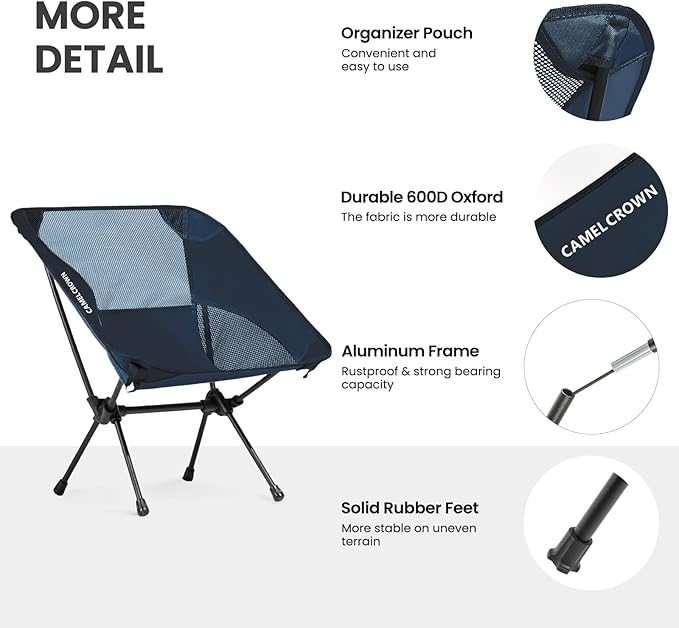 CAMEL CROWN Portable Camping Chair Lightweight Compact Folding Chair Mesh for Outdoor Camp Travel Beach Picnic Festival Hiking Backpacking Navy Blue 2 Pack