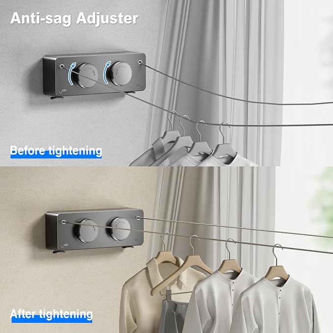 MUSTORN Retractable Twin Clothesline Indoor, Non-Sagging Outdoor Clothes Line Retracting Heavy Duty Clothes Drying Laundry Line Wall Mounted Stainless Steel Line-13.8Feets(Double Line-Gray)