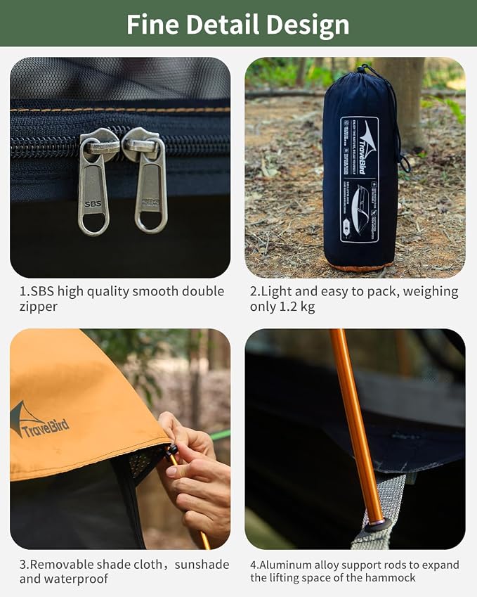 Camping Hammock Tent with Mosquito Net and Removable Sunshade, 4 in 1 Function, Lightweight Hanging Hammocks Tree Straps Swing, Bivvy Ground Tent for Outside, Hiking, and Travel