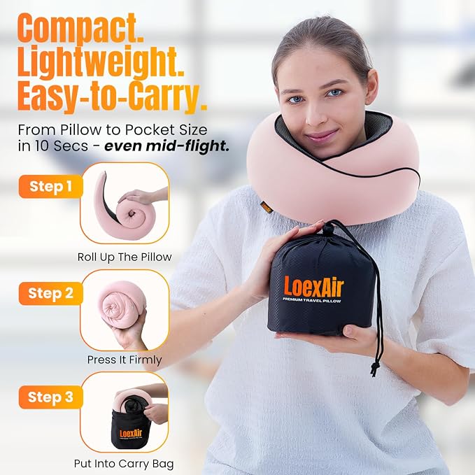 LOEXAIR™ Travel Pillow, Neck Pillow Travel for Airplane, Car - 100% Cotton Fabric & Memory Foam Plane Pillow, Lightweight & Easy-to-Carry on Flight, Full Travel Set (Eye Mask, Earplugs) - Sakura Pink