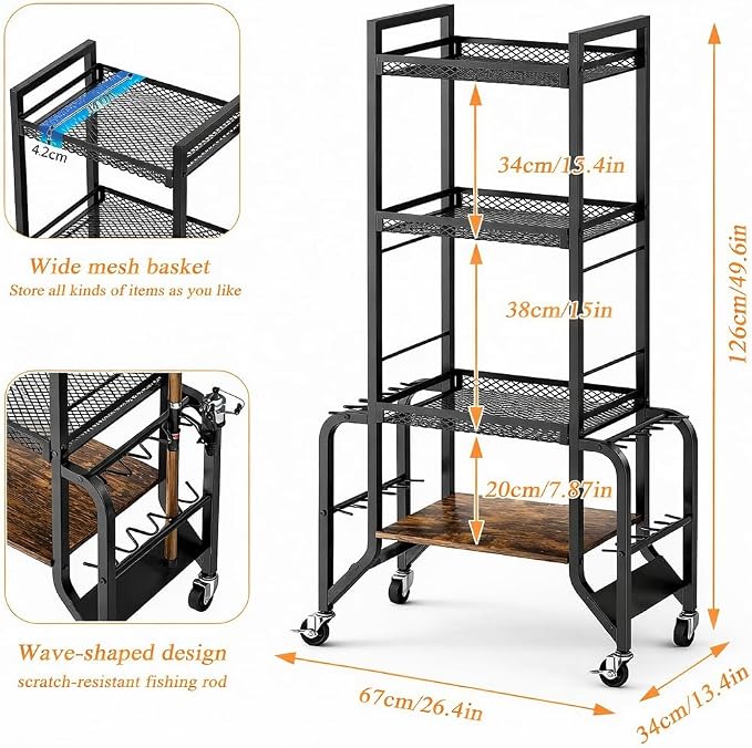 Cyfie 4-Tier Fishing Rod Rack – Mobile Heavy-Duty Fishing Rod Holder for Indoor & Outdoor Use, Organize Up to 10 Rods, Gear & Tackle, Garage, Pool Room Storage