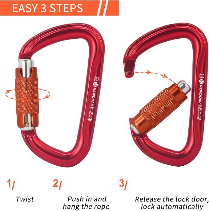 NewDoar 28KN UIAA & CE Certified Auto Climbing Carabiner Professional Heavy Duty Caribeaner for Rappelling D-Shaped