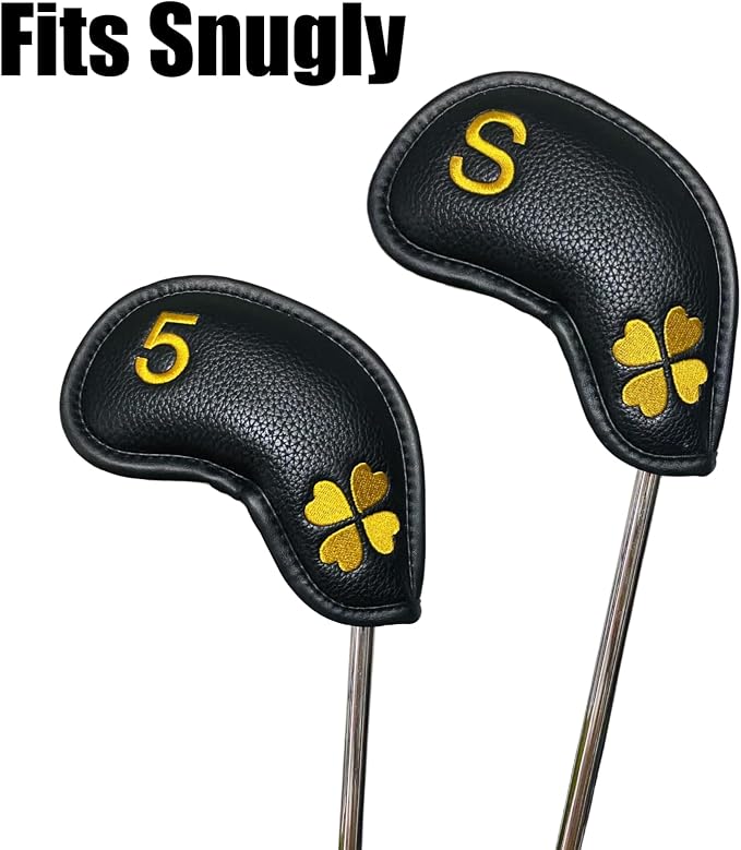 10pcs Golf Iron Covers 4 Leaf Clover Golf Iron Head Covers Synthetic Leather Golf Iron Covers Set Iron Headcovers Golf Club Head Covers for Iron Wedges fits for All Brand