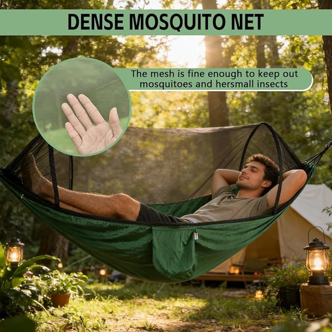 Camping Hammock with Mosquito Net - Double & Single Portable Hammocks with 2 Tree Straps, Lightweight Hammock Tent for Outdoor Camping, Hiking, Backpacking, Beach & Backyard (Dark Green)