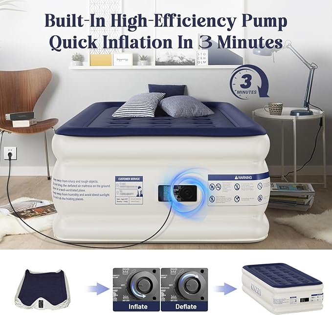 KNZZO Air Mattress Twin with Built-in Pump, Blow Up Mattress with Soft Flocked Top, Leakproof Inflatable Mattress, Foldable Waterproof Air Bed for Home, Guests, Camping, with Storage Bag