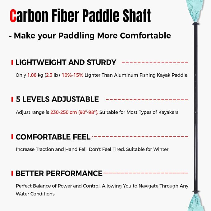 Angler Kayak Paddle Carbon Fiber Shaft and Plastic Blade, Floating Adjustable Fihsing Kayak Oar with Paddle Leash, 230-250cm/90-98 inch