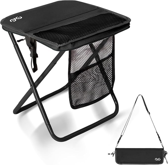 CAMDOOR Portable Collapsible Stool, 16″Folding Stool with 3 Side Pockets and Shoulder Strap, Extra Large Camping Chair Supports 400 lbs, Ultralight Portable Seat for Outdoor, Hiking, Fishing