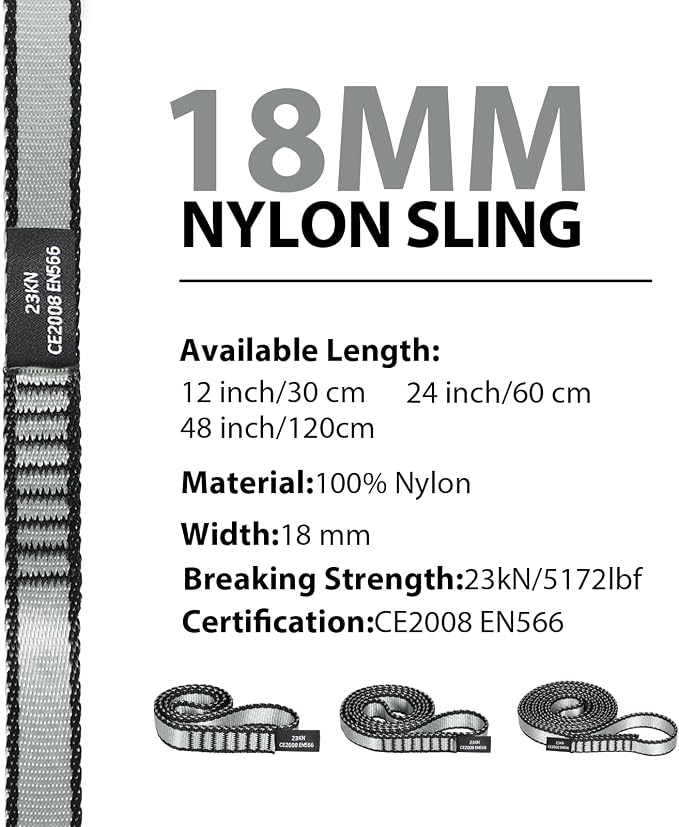 18MM Nylon Climbing Sling Runner - 23KN CE2008/EN566 Certified Outdoor Climbing Webbing for Rock Climbing, Rappelling, Mountaineering, Swing Gear, Outdoor Adventures & Emergency Anchoring