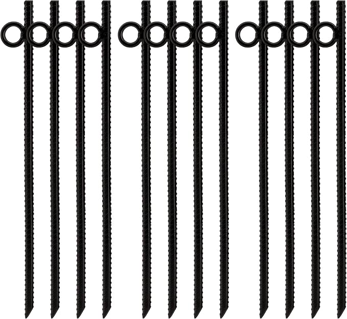 ZOOFOX 12 Pack 17 Inch Black Ground Anchor, Heavy Duty Steel Rebar Stakes with Loop, Reusable Tent Stakes for Outdoor Camping
