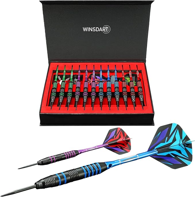 WINSDART Darts Metal Tip Set Professional Metal Darts for Dartboard Steel Tip Darts with Nonslip Iron Barrel Aluminum Dart Shafts,Extra Flights,Dart Sharpener,Gift Box