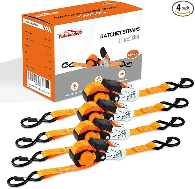Ratchet Straps Heavy Duty 4 Pack -15 FT - 1500 LB Break Strength – with Safety Lock Chromoly S Hooks - Cargo Straps for Moving, Appliances, Motorcycle Self-Storing NeatStrap