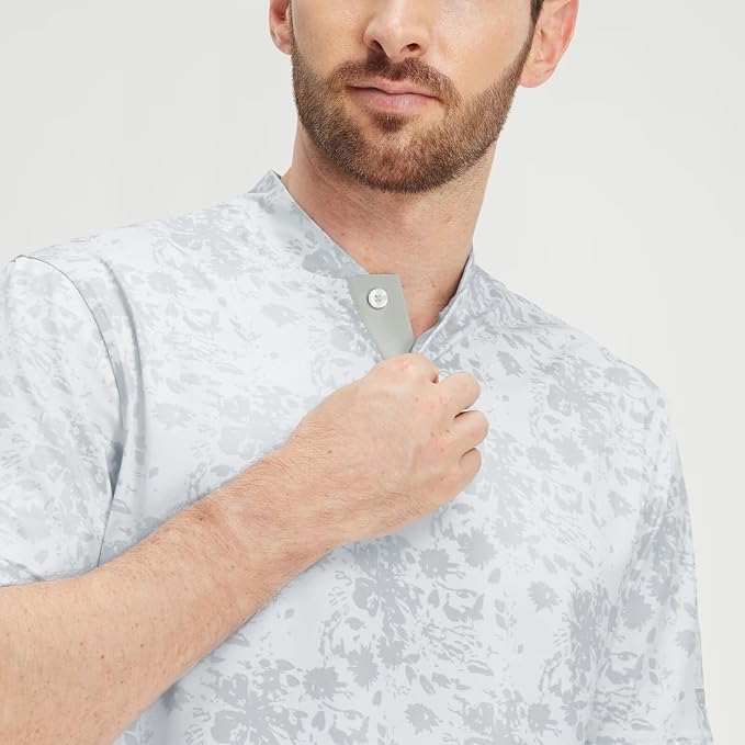 M MAELREG Golf Shirts for Men Collarless Performance Dry Fit Stretch Henley Casual Printed Mens Polo Shirts Short Sleeve
