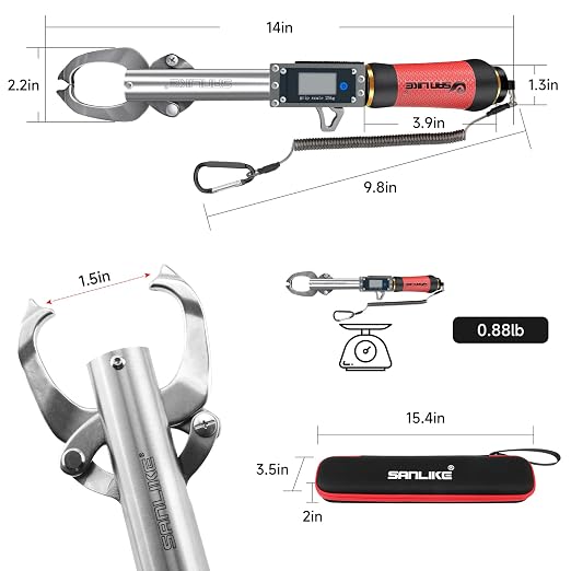 SANLIKE 55LB Digital Fish Gripper Stainless Steel Waterproof Fishing Scale | One-button control, sealed waterproof structure, dual unit switch, no fish injury design for saltwater freshwater angling