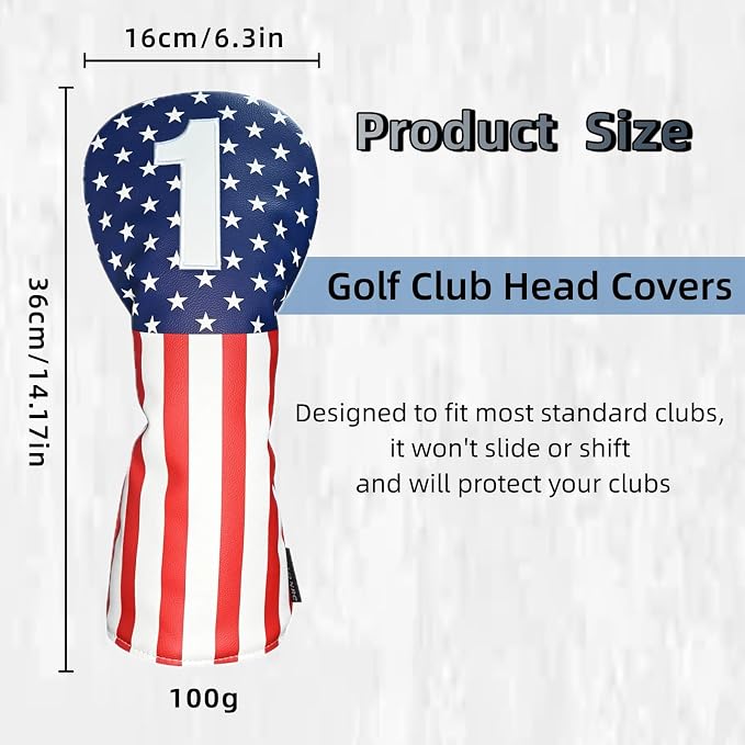 Golf Head Covers, Headcover for Woods and Driver Hybrid Set, Waterproof Club Head Covers, 4pcs or 1pc PU Leather USA Stars and Stripes 1 3 5 X for Most Golf Clubs
