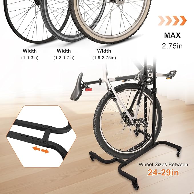 Vertical Bike Parking Stand Adjustable Height for 24"-29" Wheels, Freestanding Bike Rack for MTB and Road Bike, No-Drill Installation Bike Storage for Apartments Garage Indoor Outdoor