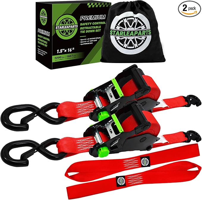 Retractable Ratchet Straps (2pk) -Patented | 1.5 in x 16 ft Heavy Duty Auto Ratchet Straps with Soft Loops | Perfect Automatic Tie Downs for Motorcycle,Kayak and Truck | Break Strength 5,000LBS/2268KG