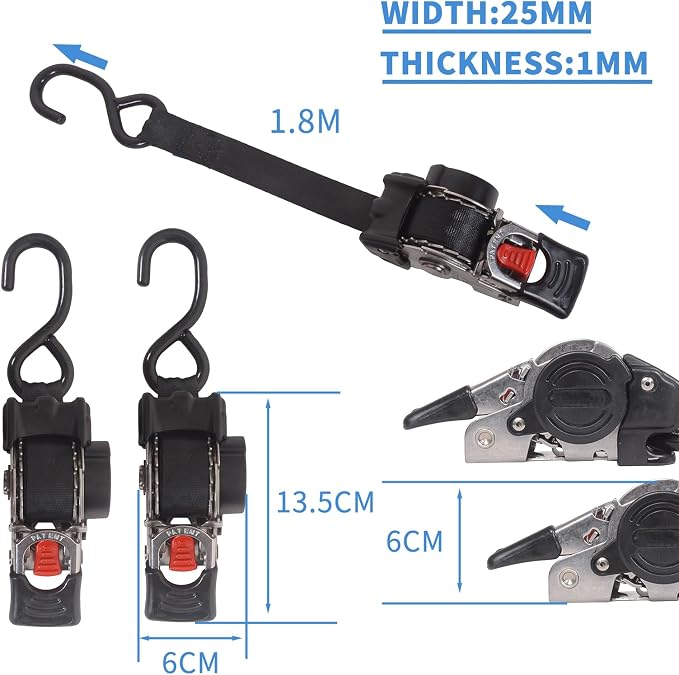 2 Pack Retractable Transom Straps (1" x6'), Stainless Steel Boat Tie Down Straps to Trailer, Salt Water Corrosion Resistant Bolt-On Ratchet Strap for Boats, Motorcycles, ATVs, UTVs,Cargo
