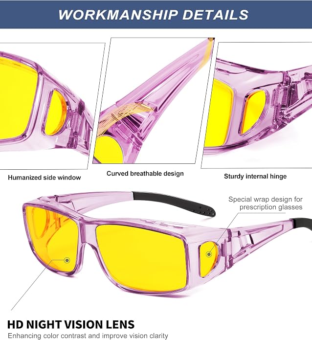 KALIYADI Night-Vision-Glasses Fit-Over-Glasses Wrap-Around Glasses: Anti Glare Night Driving Glasses for men women HD Lens