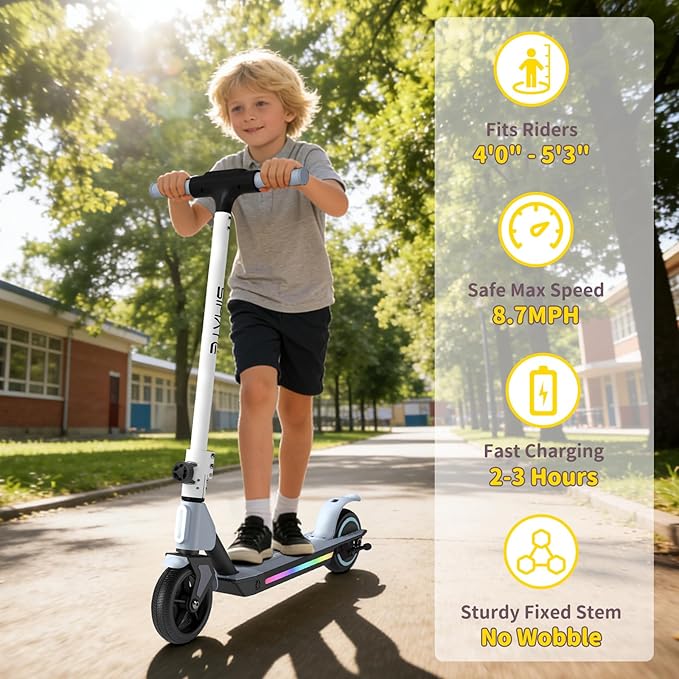 SIMATE Electric Scooter for Kids 6-14, Colorful Lights & Double Brake System, Aluminum Alloy Frame, Foldable, LED Display, for Boys Girls