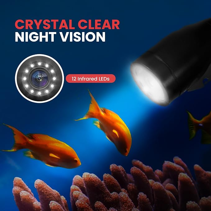 Pyle 4.3'' Portable LCD Monitor Underwater Fishing Camera - 1000TVL Waterproof Fish Finder with 12 Infrared LED Lights, IP68 Water-Resistant, Ice/Ocean/Lake Fishing, Carrying Case Included (Black)
