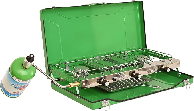 Flame King YSNBBQ-136M 3-Burner Portable Camping Stove Grill w/Toast Tray, Great for Outdoor Cooking, Backpacking, Hiking, & Emergency, Compatible with 1LB Propane Gas Bottle