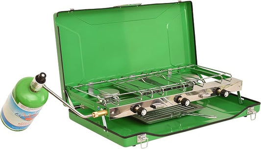 Flame King YSNBBQ-136M 3-Burner Portable Camping Stove Grill w/Toast Tray, Great for Outdoor Cooking, Backpacking, Hiking, & Emergency, Compatible with 1LB Propane Gas Bottle