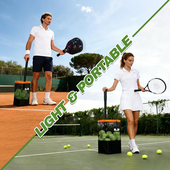 Tennis Ball Hopper & Pickleball Picker Upper, Ball Collector Hopper Holds 60 Tennis Balls or 50 Pickleballs, Adjustable Handle, Heavy-Duty Spring Ball Retriever for Training & Court Practice