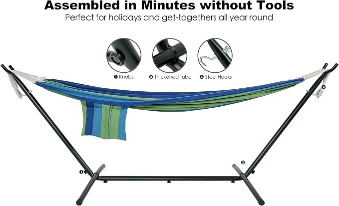 Gafete Double Hammock with Stand for Outside, Upgraded Spreader Bar, Heavy Duty Space Saving Steel Stand 2 Person, Side Pockets, Easy Assembly, 600lbs Weight Capacity, Indoor & Outdoor (Green Blue)
