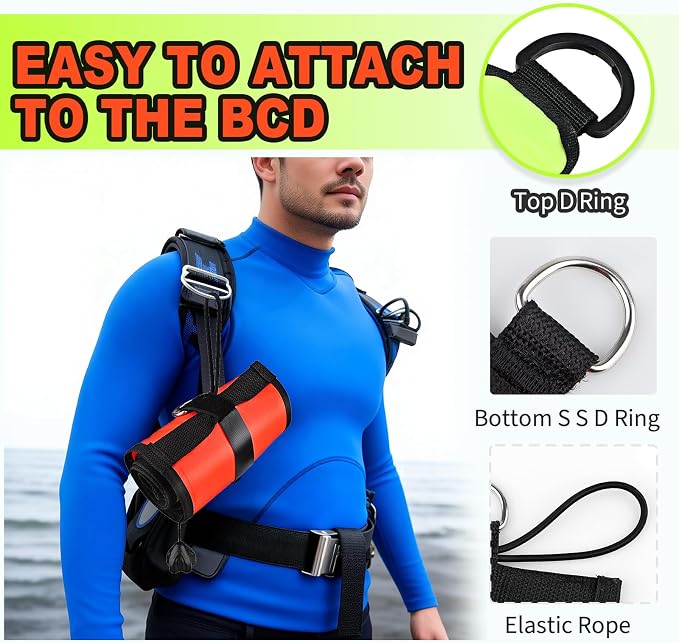 Surface Marker Buoy, 5ft Scuba SMB High Visibility Open Bottom Dive Buoy with Oral Inflator, OPV and Reflective Strip, Inflatable Signal Tube Safety Sausage (Orange+Fluorescent Yellow)