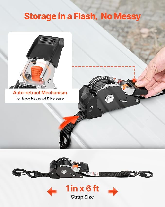 VEVOR Retractable Ratchet Straps, 1 in x 6 ft, Tie Down Straps with S Hooks, 1200 lbs Break Strength, 4 Soft Loops, Tie Down Ratcheting for Moving, Trailers, Motorcycles, Kayaks, Car Roof, 4 Pack