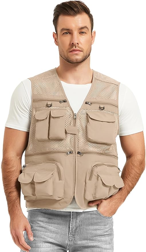 Flygo Men's Fishing Vest Utility Lightweight Outdoor Travel Safari Photo Cargo Vest with 16 Pockets