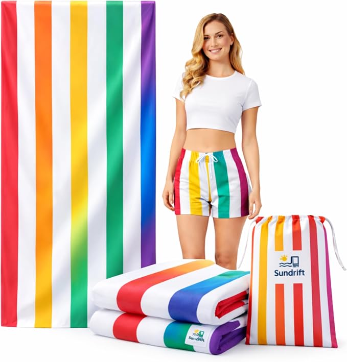 Oversized Microfiber Beach Towel 71x36 Inch, Quick Dry Sand Free Travel Towel, Lightweight Sueded Beach Blanket for Pool, Camping, Yoga & Beach Trips (Rainbow)