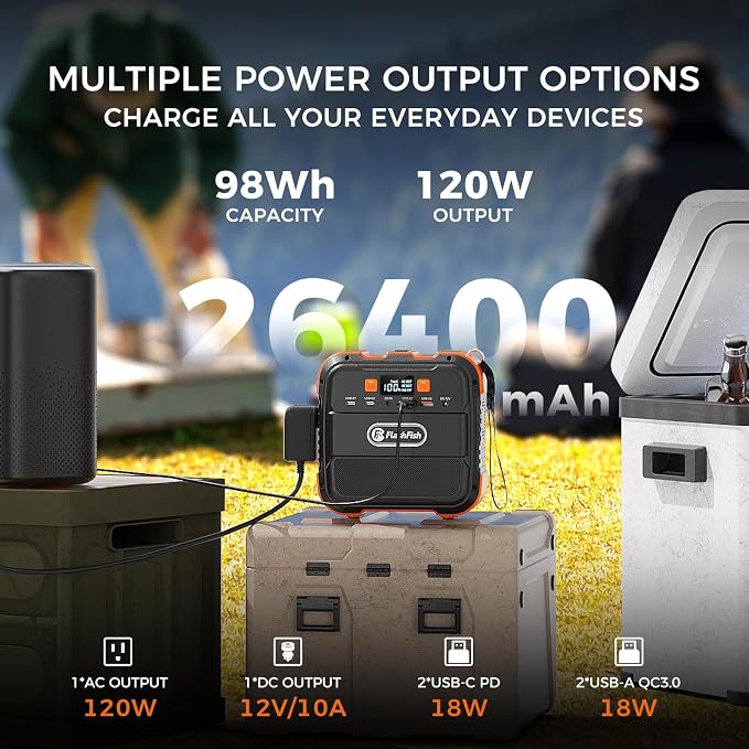 Portable Power Station 120W, FF Flashfish 98Wh Backup Power Battery Pack With AC, DC, Type-C &USB Ports, Built-in LED Flashlight, Backup Battery for Camping, Home, Laptop, Phone & Tablet