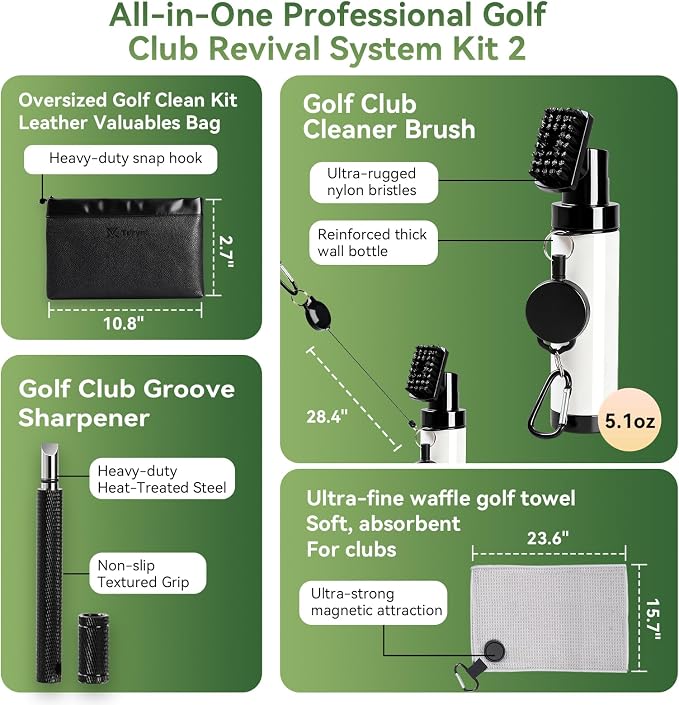 Pro Golf Club Care Kit – Cleaner, Polish, Brush, Groove Sharpener, Grip Cleaner, Magnetic Towel & Leather Bag – Restores Clubs, Removes Rust & Scratches, Renews Tackiness – Golf Gifts for Golfers