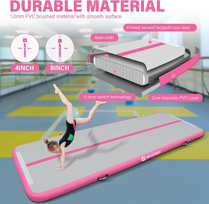 AKSPORT Inflatable Gymnatsics Mat Tumble Track 10ft 13ft 16ft 20ft 23ft Air Tumbling Mat with Air Pump for Home Use/Training/Cheerleading/Yoga