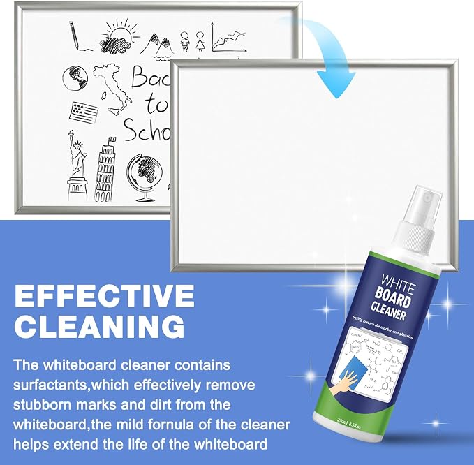 24 Pack White Board Cleaner Spray, 8.5oz Dry Erase Board Cleaner for Whiteboard, Removes Permanent Marker Stains, Non-toxic Cleaning Solution with 6 Cloths for School Office