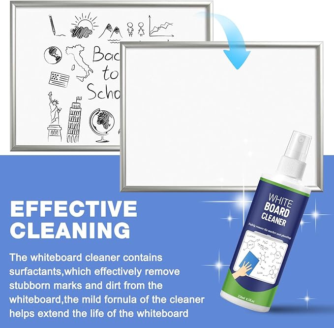 16 Pack Non-toxic White Board Cleaner Spray, 8.5oz Dry Erase Board Cleaner with 6 Microfiber Cloths, Removes Marker Ghosting and Stains for School, Office and Home Use