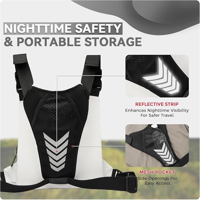 Criuage Outdoor Chest Bag for Men, Lightweight Adjustable Running Vest, Water Resistant EDC Chest Pack with Water Bottle Pocket, Breathable Back Pad for Hiking Cycling Fishing Travel (White)