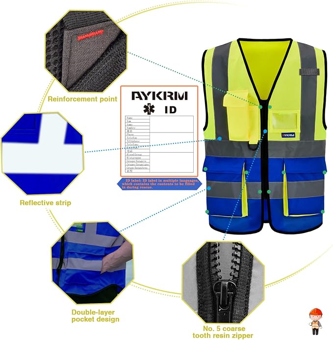 4XL 5XL Yellow Blue High Visibility REFLECTIVE WORK Safety Vest with zipper Reflective Strips 7 Pockets
