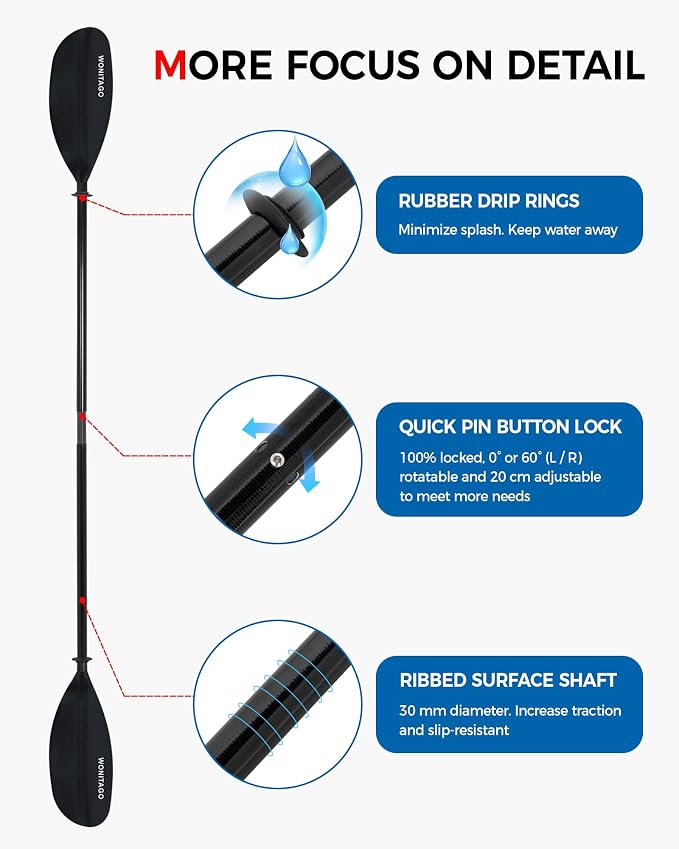 Kayak Paddle with Fiberglass Shaft and Reinforced Nylon Blade, Adjustable Kayaking Oars, 3 Piece, 230-250 cm/90-98 inches, 210-230 cm/82-90 inches