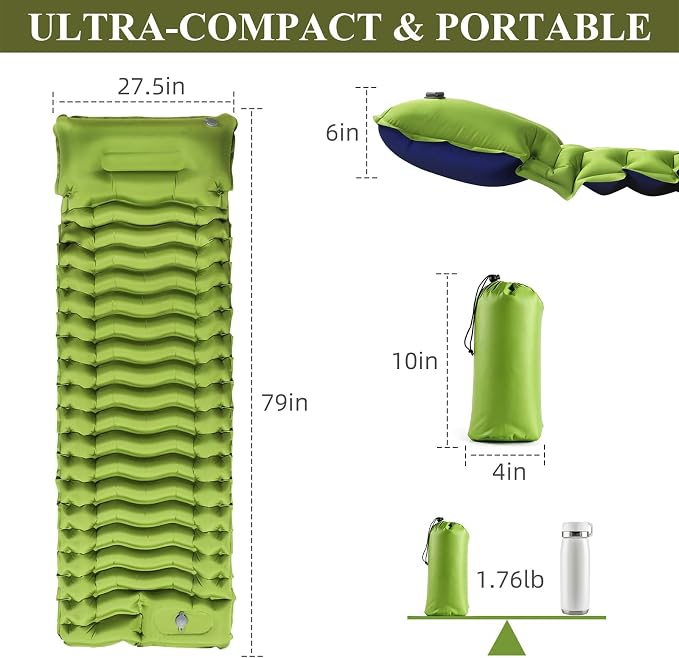 Camping Sleeping Pad, Ultralight Inflatable Sleeping Mat with Pillow & Foot Pump, Extra Thick Compact Camping Mattress for Hiking, Backpacking & Tent Use, Dual-Colored Design (Green)
